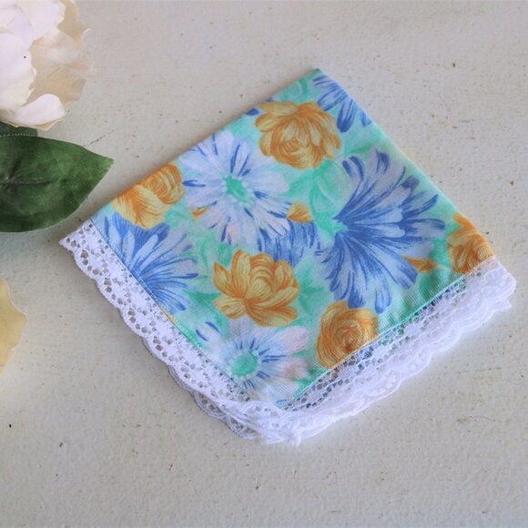 Vintage 1980s Handkerchief, Cotton Floral Print, Monogrammed JS, Blue and Yellow - Picture 2 of 10